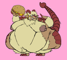 angry anthro areola beard belly big_areola big_belly big_breasts big_butt big_moobs big_nipples blonde_hair bodily_fluids breasts brown_body burger butt cellulite drooling eyewear facial_hair flabby_arms fluffy food glasses hair horn huge_belly huge_breasts huge_butt huge_moobs hyper hyper_belly hyper_butt jewelry male moobs morbidly_obese mustache nipples nude obese overweight ponytail saliva solo stinger stinger_tail tail gammaspeed69_(artist) iranian_mythology middle_eastern_mythology mythology set'yk_(gammaspeed69) bovid caprine demon felid goat hybrid mammal manticore absurd_res hi_res