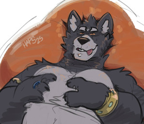 accessory anthro armband armlet bean_bag black_nose bracelet chin_piercing claws digit_ring drugs finger_ring fur grey_body grey_fur hand_on_chest jewelry lying male muscular on_back pupils red_eyes ring simple_background solo stoned substance_intoxication teeth tongue tongue_out white_background haps adastra adastra_(series) echo_project amicus_(adastra) canid canine canis mammal wolf 2025