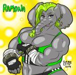 2019 anthro baikobits big_breasts breasts cleavage clothed clothing colored_nails ear_piercing elephant elephantid female flexing gauged_ear green_eyes green_hair hair huge_breasts looking_at_viewer mammal muscular muscular_anthro muscular_female nails piercing proboscidean ramona_(baikobits) smile solo tight_clothing trunk