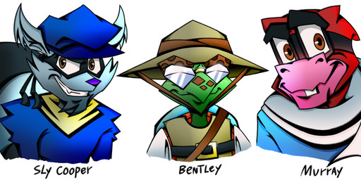 anthro black_body black_fur brown_eyes buckteeth clothing eyewear fluffy fluffy_tail fur glasses green_body green_scales green_skin grey_body grey_fur grin group hat headgear headwear kerchief looking_at_viewer male markings mask pink_body pink_skin scales scar shirt simple_background smile striped_markings striped_tail stripes tail tail_markings teeth text topwear trio white_background mufancer sly_cooper_(series) sony_corporation sony_interactive_entertainment sucker_punch_productions bentley_turtle murray_hippopotamus sly_cooper common_hippopotamus hippopotamid mammal procyonid raccoon reptile scalie turtle headshot_portrait hi_res portrait signature