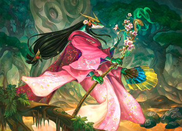 anthro apode asian_clothing clothing detailed_background east_asian_clothing female flower green_body green_hair green_scales hair holding_fan holding_object holding_staff lake legless plant rock scales serpentine solo staff tree water livia_prima hasbro magic:_the_gathering wizards_of_the_coast sakiko_(magic:_the_gathering) draconcopode naga orochi-bito scalie 2023 digital_media_(artwork) official_art