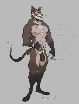 5_fingers anthro areola balls biped brown_body brown_fur cigarette claws countershade_fur countershade_torso countershading fingers flaccid foreskin fur genital_piercing genitals glans holding_object humanoid_genitalia humanoid_penis male mature_anthro mature_male nipple_piercing nipples penis penis_piercing piercing solo tail vein veiny_penis baehotline domestic_cat felid feline felis lykoi mammal hi_res
