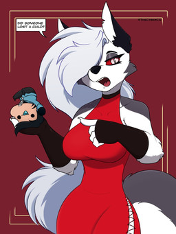 anthro big_breasts black_hair black_nose blue_clothing blue_shirt blue_tongue blue_topwear bottomwear breasts cheek_tuft chibi claws clothed clothing dress duo eyelashes facial_tuft female fingers fur gesture hair hair_over_eye half-closed_eyes hand_gesture holding_character in_hand larger_female long_hair male narrowed_eyes one_eye_obstructed open_mouth pointing pupils red_clothing red_dress red_sclera shirt simple_background size_difference slit_pupils smaller_male smile speech_bubble standing teeth text tongue topwear tuft upside_down white_body white_fur thecybercg hellaverse helluva_boss mythology loona_(helluva_boss) canid canid_demon canine demon hellhound human mammal mythological_canine mythological_creature 3:4 digital_media_(artwork) english_text hi_res