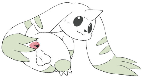 anthro anus backsack balls black_nose black_sclera blush blush_lines claws fur genitals green_body green_fur horn long_ears looking_at_viewer looking_back lying male on_side perineum presenting presenting_anus short_tail simple_background solo spread_anus spreading tail toe_claws white_background white_balls white_body white_fur white_perineum mincheeto bandai_namco digimon digimon_(species) terriermon hi_res