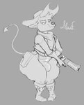 anthro big_butt bulge butt clothing cowboy_hat gun handgun hat headgear headwear holster leotard male pistol ranged_weapon short_stack solo thick_thighs weapon alongmouf kings_of_hell gremile_'hotshot' demon imp monochrome