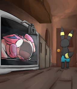 ambiguous_gender anthro appliance black_body black_fur bottomwear clothed clothing duo fur kitchen_appliance lock locked open_mouth oven shorts shorts_only stuck tail text topless trapped white_body white_eyes white_fur klydewitakay nintendo pokemon eeveelution generation_2_pokemon generation_6_pokemon mammal pokemon_(species) sylveon umbreon 2025 absurd_res digital_media_(artwork) english_text hi_res