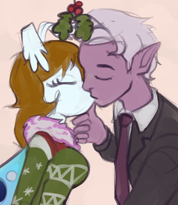 accidental_holly anthro clothing duo eyes_closed female holly_(plant) humanoid_on_anthro humanoid_pointy_ears kiss_on_lips kissing kissing_bough male male/female necktie plant pointy_ears purple_body purple_skin sweater topwear marsminer arthropod human humanoid insect lepidopteran mammal moth digital_media_(artwork) digital_painting_(artwork) hi_res painting_(artwork)