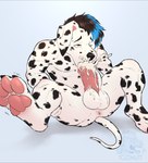 anthro anus auto_cum_inflation autofellatio balls black_claws black_hair black_nose black_spots blue_highlights bodily_fluids claws cum cum_drip cum_in_mouth cum_in_own_mouth cum_in_self cum_inflation cum_inside cum_on_balls cum_on_own_balls cum_on_own_penis cum_on_penis cum_on_self cum_splatter dipstick_ears dripping ear_markings floppy_ears genital_fluids genitals gradient_background hair highlights_(coloring) inflation leg_grab logo looking_aside male markings masturbation multicolored_ears narrowed_eyebrows nude one_eye_closed oral oral_masturbation pawpads penile penile_masturbation penis penis_in_mouth penis_in_own_mouth pink_inner_ear pink_pawpads pink_penis red_eyes shaking simple_background solo spots spotted_body thigh_grab toe_claws trembling white_body tozzmutt dante_(gertgrg) canid canine canis dalmatian domestic_dog mammal hi_res letterbox