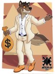 anthro bag bank_robbery border bottomwear burglary clothing crime criminal currency_symbol dollar_sign footwear fur male male_anthro money_bag pants plantigrade robber robbery robbing sharp_teeth shoes solo stealing suit symbol teeth thief thug white_border meteorzerofive dreamworks the_bad_guys mr._wolf_(the_bad_guys) canid canine canis mammal wolf 2021 hi_res