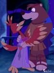 armor brown_body brown_fur cape clothing dress duo feathers female fur male red_body red_feathers skelly_doll banjo-kazooie disney disney's_hercules rareware banjo_(banjo-kazooie) hercules_(disney) kazooie megara avian bear breegull mammal 2019 hi_res