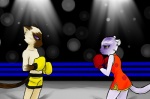 anthro bottomwear boxing boxing_gloves clothing duo female fighting_ring handwear lights male pants purple_eyes sport yellow_eyes darkangelyuna animal_boxing chun_(animal_boxing) lee_(animal_boxing) domestic_cat felid feline felis mammal pantherine