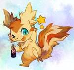 2016 3_toes 4_fingers beer_bottle blue_eyes bottle brown_body brown_fur container extyrannomon_(artist) feet feral fingers fluffy fluffy_ears fluffy_tail fur generation_3_pokemon gesture happy linoone looking_at_viewer male nintendo numa_(ouroporos) pokemon pokemon_(species) simple_background smile solo star tail toes waving