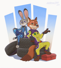 3_toes 4_fingers anthro barefoot biped black_nose cheek_tuft claws clothed clothed_anthro clothed_female clothed_male clothing dipstick_ears duo ear_markings facial_tuft feet female female_anthro finger_claws fingers fur gloves_(marking) green_eyes grey_body grey_fur hindpaw humanoid_hands inner_ear_fluff male male_anthro markings multicolored_body multicolored_ears multicolored_fur paws pink_nose purple_eyes racing_suit red_body red_fur sitting smile tail text tire toe_claws toes toolbox tuft two_tone_body two_tone_fur white_body white_fur aar0njay disney disney_speedstorm zootopia judy_hopps nick_wilde canid canine european_rabbit fox lagomorph leporid mammal oryctolagus rabbit red_fox true_fox 2026 artist_name colored dated digital_media_(artwork) hi_res
