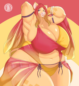 anthro big_breasts bracelet breasts brown_body brown_hair bulging_breasts clothing curvy_figure cutout ear_piercing eyelashes female female_anthro glistening glistening_breasts hair huge_breasts jewelry lips logo navel navel_cutout one-piece_swimsuit overweight overweight_anthro overweight_female piercing raised_arms red_eyes red_hair red_one-piece_swimsuit slightly_chubby slightly_chubby_anthro slightly_chubby_female small_head smile solo star_eyes swimwear tail thick_lips thick_thighs voluptuous voluptuous_anthro voluptuous_female wide_hips yellow_one-piece_swimsuit sasanoha6011 domestic_pig mammal suid suine sus_(pig) artist_logo hi_res