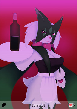 anthro anthrofied big_breasts biped bottle breasts clothed clothing container female female_anthro fur green_body green_fur looking_at_viewer open_mouth open_smile pokemorph smile solo standing tongue waitress_outfit waitress_uniform commandg nintendo pokemon felid generation_9_pokemon mammal meowscarada pokemon_(species)