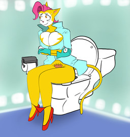 anthro bathroom clothing coat doctor embarrassed female implied_scat lab_coat pooping pubes sitting sitting_on_toilet solo toilet toilet_paper toilet_use topwear noli_(artist) super_fuck_friends monique_pussycat domestic_cat felid feline felis mammal absurd_res hi_res