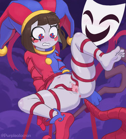 4_toes anus bdsm blush bondage bottomless bound brown_hair clitoris clothed clothing duo feet female female/female fool's_hat footwear genitals hair hat headgear headwear imminent_sex imminent_tentacle_sex jester magic_user mask navel one_shoe_on pubes purple_clouds questionable_consent restrained_arms restrained_legs ribbon_bondage ribbons shoes size_difference spread_legs spread_vulva spreading staff tentacles toes vulva wizard_robe purplealacran glitch_productions the_amazing_digital_circus gangle_(tadc) pomni_(tadc) animate_inanimate human humanoid living_mask mammal absurd_res hi_res