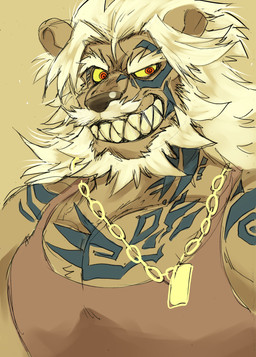 anthro arm_tattoo beard chain_jewelry chain_necklace chest_tattoo clothing corruption facial_hair facial_tattoo grin jewelry male mature_male multiple_tattoos muscular muscular_male necklace pecs red_eyes shirt smile solo tank_top tattoo topwear kas20241013 felid lion mammal pantherine absurd_res hi_res