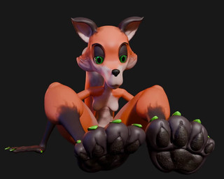 anthro big_feet breasts featureless_breasts feet female foot_focus fur green_eyes grey_background looking_at_viewer nude orange_body orange_fur pawpads paws simple_background sitting solo kruk canid canine fox mammal 3d_(artwork) 3d_animation 5:4 animated digital_media_(artwork) no_sound short_playtime video
