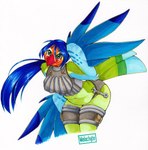 anthro beak belly bent_over biped blue_hair blue_wings bottomwear breasts closed_smile clothed clothing crop_top eye_markings eyebrows feathered_wings feathers female front_view green_eyes hair long_hair looking_at_viewer markings midriff mouth_closed multicolored_body navel non-mammal_breasts orange_body orange_tail ponytail shirt shorts simple_background slightly_chubby smile solo tail tail_feathers thigh_strap tools topwear two_tone_body white_background white_markings winged_arms wings wrench malachyte avian bird 2017 hi_res marker_(artwork) portrait three-quarter_portrait traditional_media_(artwork)