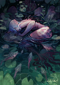 ambiguous_gender female fin group hair hard_vore humanoid_pointy_ears lily_pad monster_girl_(genre) partially_submerged plant pointy_ears rock split_form swimming tail tail_fin vore water feefal aquatic fish humanoid merfolk hi_res