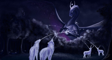 2_horns 4_fingers ambiguous_gender antlers blue_body blue_scales claws curved_horn detailed_background ears_back empty_eyes feral finger_claws fingers forest front_view fur group holding_orb horn larger_ambiguous larger_feral magic mane membrane_(anatomy) membranous_wings night open_mouth orb outside pivoted_ears plant pointy_ears prick_ears scales size_difference sky smaller_ambiguous smaller_feral smooth_horn snout spread_wings standing star starry_sky starry_wings tail teeth tongue tree white_body white_fur wings jadedragoness european_mythology mythology canid canine canis cervine deer dragon mammal mythological_creature mythological_scalie scalie spirit western_dragon wolf 2017 digital_drawing_(artwork) digital_media_(artwork)