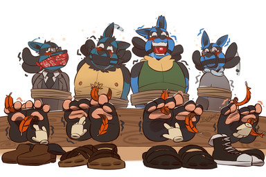 3_toes anthro ball_gag bdsm black_body black_clothing black_footwear black_fur black_necktie black_shoes blue_body blue_fur blush bodily_fluids bondage bound brown_clothing brown_footwear brown_shoes cloth_gag clothed clothed_anthro clothed_male clothing crying_laughing disembodied_hand eyewear feet foot_fetish footwear fur gag gagged glasses grey_clothing grey_shirt grey_topwear group laugh loose_feather male multicolored_body multicolored_fur necktie nipples pawpads pecs pink_pawpads red_loose_feather restraints rope rope_bondage sandals sandals_removed shirt shoes shoes_removed simple_background smile socks_removed stocks tears teeth tickle_fetish tickle_torture tickling tickling_feet toe_restraints toes toes_tied topwear wearing_glasses white_background yellow_body yellow_fur benj24 nintendo pokemon generation_4_pokemon lucario pokemon_(species) 3:2 hi_res