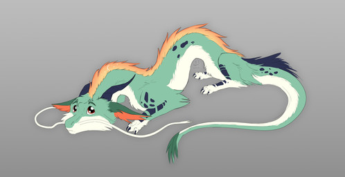 barbel_(anatomy) feral flesh_whiskers fur head_on_floor horn long_body looking_at_viewer lying male mane on_front paws simple_background solo tail lunhiss mythology dragon eastern_dragon mythological_creature mythological_scalie scalie 2022 absurd_res colored digital_drawing_(artwork) digital_media_(artwork) hi_res signature sketch widescreen