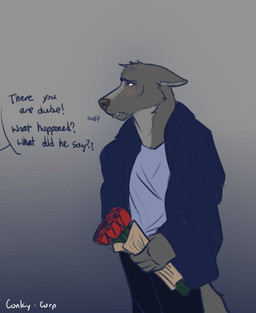 anthro blue_clothing blue_jacket blue_shirt blue_topwear bouquet clothed clothed_anthro clothed_male clothing dialogue flower holding_bouquet holding_flower holding_object jacket male offscreen_character plant rose_(flower) shirt simple_background sniffling solo standing text topwear conkycorp canid canine mammal artist_name hi_res
