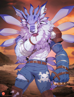 5_fingers abs ambiguous_fluids anthro big_hands black_nose bottomwear clothing ear_piercing ear_ring eyelashes facial_markings facial_scar fangs fingers fur hand_lick head_markings licking looking_at_viewer male male_anthro markings multicolored_body multicolored_fur muscular muscular_anthro muscular_male narrowed_eyes neck_tuft pants patreon_logo patreon_username piercing pink_tongue purple_body purple_fur purple_stripes ring_piercing scar self_lick simple_background smile smiling_at_viewer solo striped_body striped_face striped_fur stripes teeth text tongue tongue_out torn_bottomwear torn_clothing torn_pants tuft underbite white_body white_fur white_inner_ear yellow_eyes patto bandai_namco digimon patreon digimon_(species) weregarurumon digital_media_(artwork) hi_res shaded url