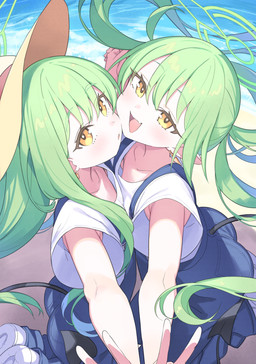 alternate_costume blue_clothing blue_overalls blush clothing collarbone cute_fangs ear_piercing ear_ring fangs female footwear glistening glistening_hair green_hair hair hair_between_eyes halo hands_together hat headgear headwear hug hugging_another kneeling long_hair open_mouth overalls piercing pointy_ears prick_ears ring_piercing shirt shoes tail teeth topwear white_clothing white_footwear white_shirt white_shoes white_topwear yellow_eyes young young_female young_humanoid tam_u blue_archive nexon hikari_(blue_archive) nozomi_(blue_archive) demon demon_humanoid humanoid tailed_humanoid hi_res