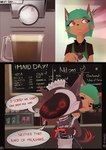 barista beverage blush blush_lines chalkboard clothing coffee coffee_machine coffee_shop comic_panel cookie detailed_background dialogue espresso_machine female food machine maid_collar maid_headdress maid_uniform male text uniform kuwsh ekyzde maffe canid canine fox mammal protogen absurd_res comic english_text hi_res