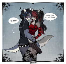 alternative_fashion anthro armwear belt blush border bottomwear breasts cleavage clothed clothed_anthro clothing colored_nails ear_piercing emo facial_piercing female flirting fur grey_body grey_fur male male/female nails nose_piercing nose_ring open_mouth pattern_armwear pattern_clothing piercing ring_piercing romantic romantic_couple skirt speech_bubble spiked_belt spikes striped_armwear striped_clothing stripes tail text thigh_belt torn_thigh_highs white_border ghwostpawz gray_(ghwostpawz) canid canine canis domestic_cat felid feline felis mammal wolf 2025 english_text hi_res nonbinary_(lore)
