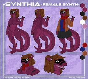 accessory anthro bottomwear brown_hair clothing female female/female hair hair_accessory hairpin hardlight jacket leather leather_clothing leather_jacket leather_topwear looking_at_viewer plushie purple_body scarf skirt solo standing tail text topwear snaildoki synthia_(frixit) synth_(vader-san) absurd_res hi_res