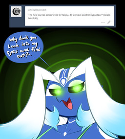 anthro big_breasts blue_body blue_skin breasts eyebrows female green_eyes hair hypnosis hypnotizing_viewer looking_at_viewer mind_control non-mammal_breasts open_mouth solo text tongue user_avatar averyshadydolphin mythology tumblr anon miajou dragon jou mythological_creature mythological_scalie scalie 2017 english_text hi_res
