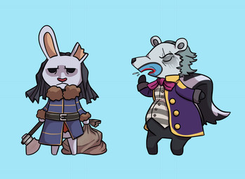 alternate_species anthro axe belly belt belt_buckle bent_arm bent_legs biped black_belt black_body black_eyes black_fur black_hair black_nose black_tail black_veil blue_background blue_clothing blue_coat blue_topwear bodily_fluids bottomless bottomless_anthro bottomless_male buckle button_(fastener) closed_frown clothed clothed_anthro clothed_female clothed_male clothing clown clown_makeup coat cough duo eyes_closed featureless_crotch featureless_limbs female female_anthro flat_chested fluffy fluffy_tail front_view frown fur fur_trim_(clothing) fur_trim_coat furrification grey_body grey_fur grey_hair grey_inner_ear grey_stripes hair holding_axe holding_bag holding_object jacket larger_anthro larger_male light long_ears long_tail looking_at_viewer male male_anthro mouth_closed no_eyebrows no_pupils open_clothing open_frown open_jacket open_mouth open_topwear overweight overweight_anthro overweight_male pattern_clothing pattern_topwear pattern_vest pink_bowl purple_clothing purple_jacket purple_topwear red_clothing red_nose red_shirt red_topwear saliva serious_face shirt short_hair simple_background size_difference standing striped_clothing striped_topwear striped_vest stripes tail tan_inner_ear thin_eyebrows topwear torn_ear two_tone_tail veil vest white_clothing white_tail white_topwear white_vest lunareel animal_crossing dead_by_daylight nintendo kenneth_chase the_huntress_(dead_by_daylight) lagomorph leporid mammal mephitid rabbit skunk 2019 cel_shading colored crossover digital_drawing_(artwork) digital_media_(artwork) english_description lighting shaded