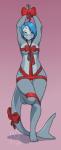 5_toes accessory anthro arms_above_head bdsm biped blue_eyes blue_hair bondage bound bow_(feature) bow_accessory bow_in_front bow_ribbon breast_bow breasts chest_bow clothed clothing feet female furgonomics gift_wrapped grey_body grey_skin grin hair holidays kissing_bough looking_at_viewer mistletoe narrowed_eyes non-mammal_breasts plant ribbon_bondage ribbons seductive skimpy smile solo standing submissive submissive_female tail tail_accessory tail_bow tail_ribbon toes wide_hips wrist_bow kittydee christmas alesia fish marine shark 2014 digital_media_(artwork) hi_res