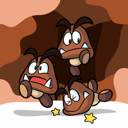 ambiguous_gender armless black_eyes brown_eyebrows brown_feet brown_head cave closed_frown eyebrows eyes_closed falling_over featureless_crotch featureless_feet feet frown group inside midair mouth_closed noseless nude_ambiguous open_frown open_mouth red_tongue running tan_body tan_skin thick_eyebrows tongue trio tusks white_eyelids crispytoastyt mario_bros nintendo goomba waddling_head 1:1 2026 cel_shading colored digital_drawing_(artwork) digital_media_(artwork) english_description hi_res shaded