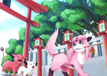 bell blue_eyes blush bodily_fluids crying eyes_closed feral fluffy fluffy_tail fur group japan laugh mackey object_in_mouth open_mouth outside pink_body pink_fur red_body red_fur shrine tail talisman tears white_body white_fur pokeshima ai_(pokeshima) canid canine fox mammal unknown_species hi_res