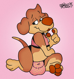 animal_genitalia balls barely_contained barely_contained_balls big_balls blep clothed clothing fishnet_clothing fishnet_underwear fully_sheathed genitals half-closed_eyes looking_at_viewer male narrowed_eyes revealing_balls sheath short_stack skimpy solo tongue tongue_out toony underwear doodledoggy doodle_(doodledoggy) canid canine canis domestic_dog mammal hi_res