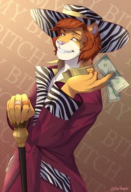 5_fingers animal_print anthro background_text biped brown_eyebrows brown_hair button_(fastener) cane claws clothed clothing coat countershade_face countershade_fur countershade_neck countershade_torso countershading eyebrows finger_claws fingers fully_clothed fur gem green_eyes grin grinning_at_viewer hair hat headgear headwear holding_cane holding_money holding_object humanoid_hands looking_at_viewer male money multicolored_body multicolored_clothing multicolored_coat multicolored_fur multicolored_topwear orange_body orange_fur pattern_background pimp pink_nose red_clothing red_coat red_topwear ring_(jewelry) ruby_(gem) side_view simple_background smile smiling_at_viewer solo standing tan_body tan_fur text topwear two_tone_body two_tone_fur whiskers white_whiskers yellow_claws yellow_clothing yellow_coat yellow_topwear zebra_print purtropos socially_awkward john_(socially_awkward) felid lion mammal pantherine digital_media_(artwork) english_text hi_res portrait signature three-quarter_portrait