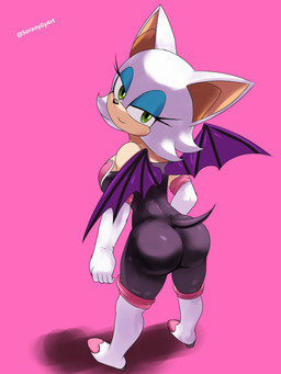 anthro bedroom_eyes bodysuit boots breasts butt clothed clothing eyelashes eyeshadow female footwear fur gloves hair half-closed_eyes handwear looking_at_viewer makeup membrane_(anatomy) membranous_wings narrowed_eyes seductive shoes simple_background skinsuit smile solo tail tight_clothing wings soranygyart sega sonic_the_hedgehog_(series) rouge_the_bat bat mammal 3:4 digital_media_(artwork) hi_res