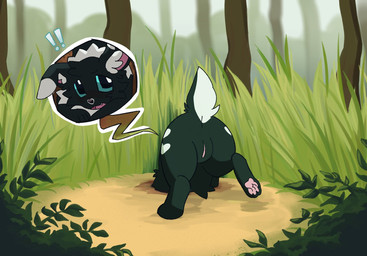 ass_up black_body black_butt blue_eyes blurred_background butt emanata exclamation_point exposed female feral forest_background genitals grass inner_ear_fluff leaf open_mouth pawpads pink_inner_ear pink_pawpads plant quadruped raised_tail rear_view solo tail toony trapped tree tuft vulva white_inner_ear_fluff white_tail littleperrito warriors_(book_series) fan_character hoppykit_(igotthebooty) lagomorph leporid mammal rabbit 2026 colored digital_drawing_(artwork) digital_media_(artwork) hi_res