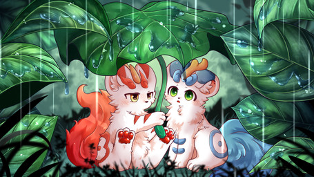 ambiguous_gender blue_body blue_fur chest_tuft detailed_background duo feral fluffy fluffy_tail fur fur_markings green_eyes horn inner_ear_fluff markings on_ground pawpads paws plant raining red_body red_fur round_ears sitting tail tuft wet white_body white_fur yellow_eyes catgiovanni asian_mythology chinese_mythology east_asian_mythology fabulous_beasts fenz_(studio) mythology bixie_(fabulous_beasts) tianlu_(fabulous_beasts) mythological_creature pixiu 16:9 absurd_res colored hi_res widescreen brother_(lore) brothers_(lore) sibling_(lore)