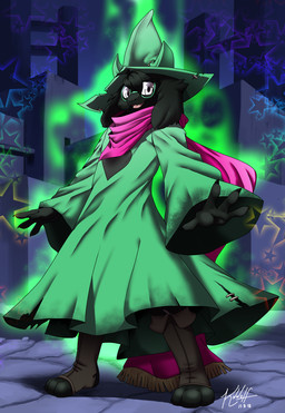 3_toes 4_fingers ambiguous_gender anthro black_body black_fur clothing eyewear feet fingers fur glasses hat headgear headwear looking_at_viewer magic robe scarf smile solo toes kivwolf deltarune undertale_(series) ralsei bovid caprine darkner goat mammal 2018 hi_res