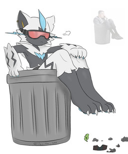 ambiguous_gender anthro black_body black_fur blue_highlights eyewear female fur goggles highlights_(coloring) looking_at_viewer pouting red_eyewear red_goggles simple_background solo trash_can white_background white_body white_fur shay_the_one nintendo pokemon zero_(shay_the_one) generation_7_pokemon legendary_pokemon pokemon_(species) shiny_pokemon zeraora 5:6 hi_res meme reference_image