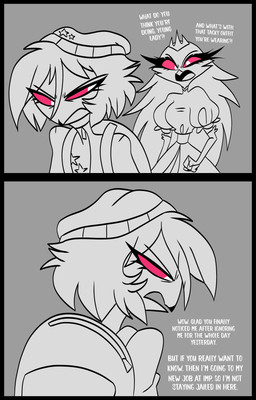 angry anthro backpack beanie clothing dress duo female frown grey_background hair hat headgear headwear long_hair looking_away pink_eyes short_hair simple_background teathekook hellaverse helluva_boss octavia_(helluva_boss) stella_(helluva_boss) avian bird owl owl_demon hi_res