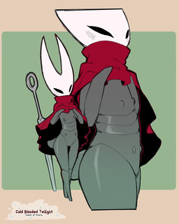anthro biped black_body black_eyes black_tail blush breasts cloak clothing female green_background looking_at_viewer melee_weapon nipples non-mammal_breasts side_view simple_background small_breasts solo sword tail weapon white_body cold-blooded-twilight hollow_knight_(franchise) team_cherry hornet_(hollow_knight) arthropod 2024 4:5 hi_res