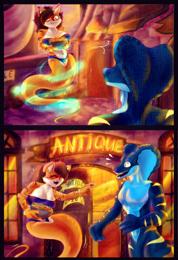 anthro apode black_border black_ear_tips black_stripes blue_body blue_countershading border bowl bra bracelet breasts brown_hair clothing container countershading dipstick_ears duo ear_markings female floating food gold_(metal) gold_jewelry hair holding_bowl holding_container holding_object jewelry legless magic male multicolored_ears onion_rings open_mouth open_smile orange_body orange_scales outside panties purple_body purple_bra purple_clothing purple_panties purple_scales purple_underwear scales serpentine smile stripes tan_body tan_countershading tan_inner_ear underwear yellow_body yellow_scales porteryx dinic tori_taxel draconcopode felid genie mammal naga pantherine reptile scalie snake snake_naga tiger 2026 absurd_res comic hi_res
