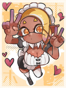 abstract_background big_breasts blonde_hair breasts brown_body brown_skin cleavage clothed clothing eyebrows female gesture hair hand_gesture heart_symbol legwear maid_headdress maid_uniform one_leg_up pose raised_leg solo thigh_highs uniform v_sign amboomoon nintendo splatoon frye_(splatoon) aquatic cephalopod humanoid inkling mollusk 3:4 colored digital_media_(artwork) hi_res shaded